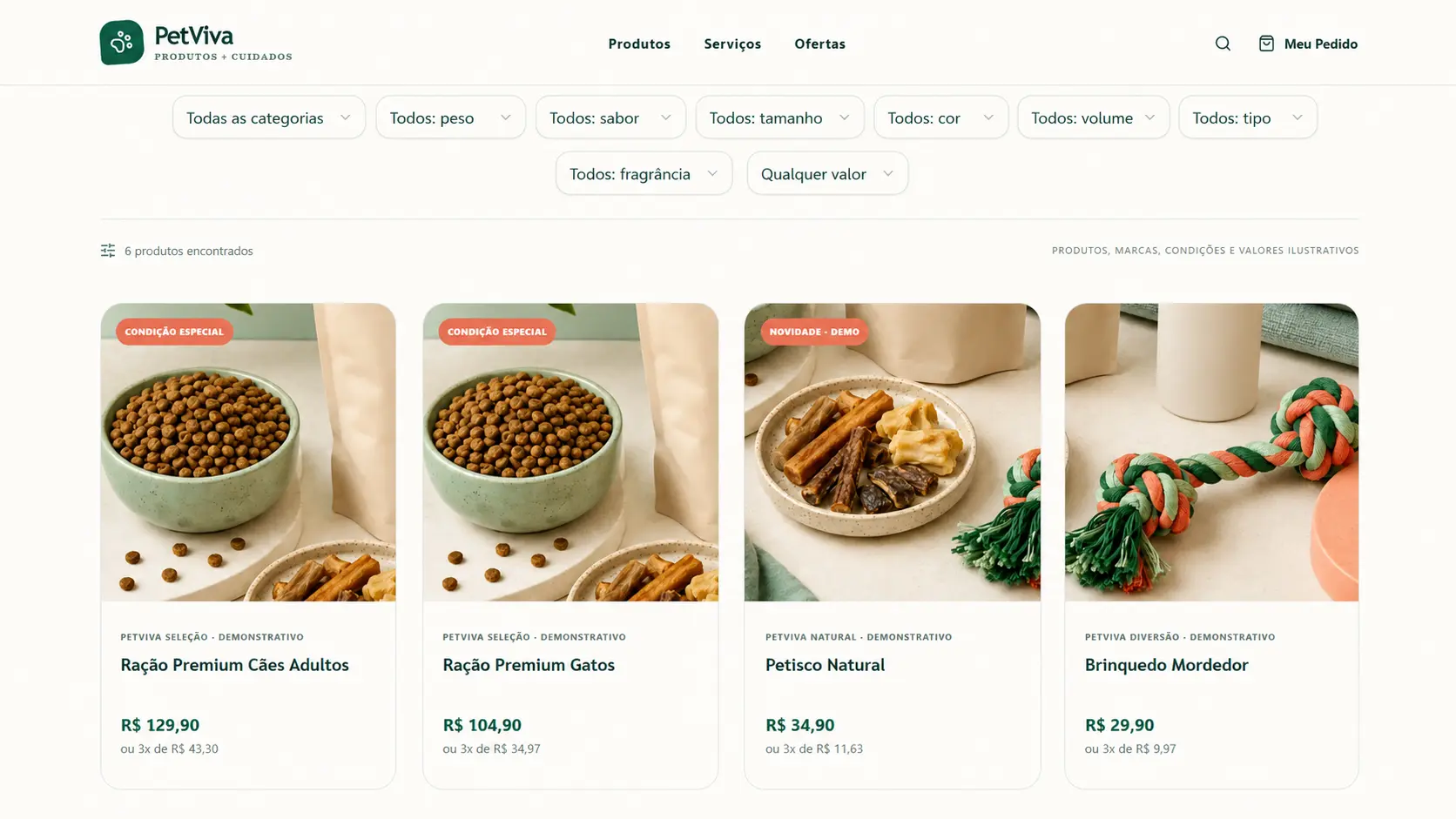 Catálogo de produtos do projeto demonstrativo PetViva